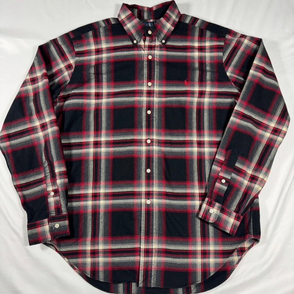Polo Ralph Lauren Classic Fit Button Down Shirt Mens L Red Black Plaid Flannel